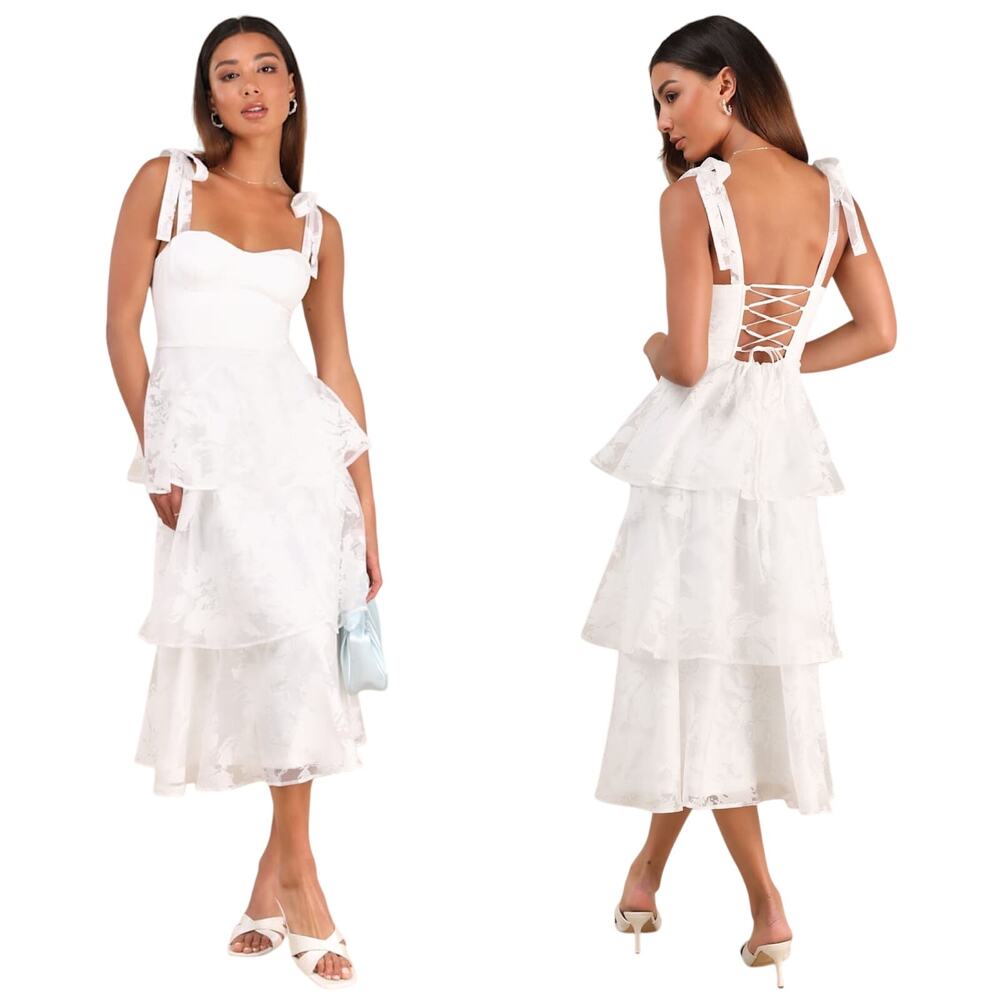 Lulu's White Tiered Lace Midi Dress with Bow Straps
